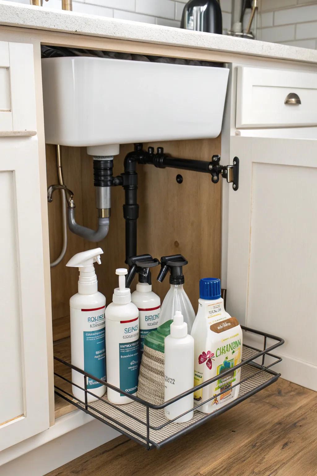 A tension rod adds additional hanging storage for bottles and more.