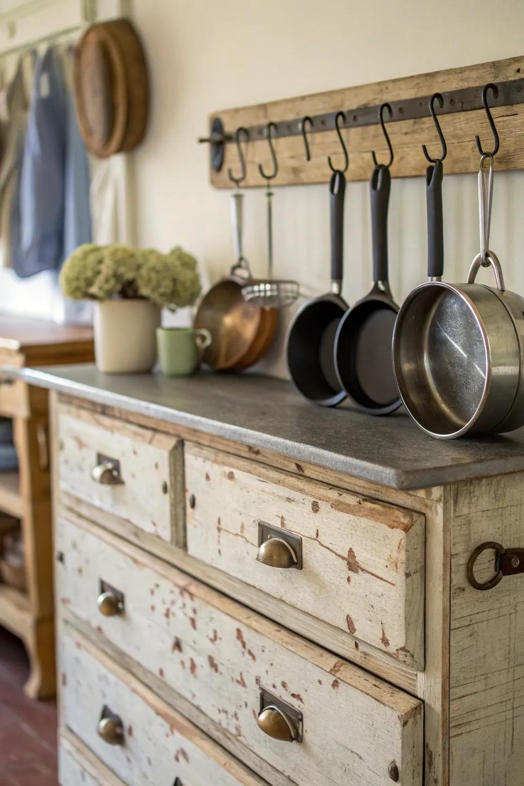 An old dresser creatively repurposed to store pots and pans.