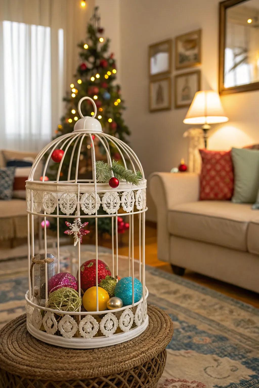 A whimsical avian enclosure populated with baubles.