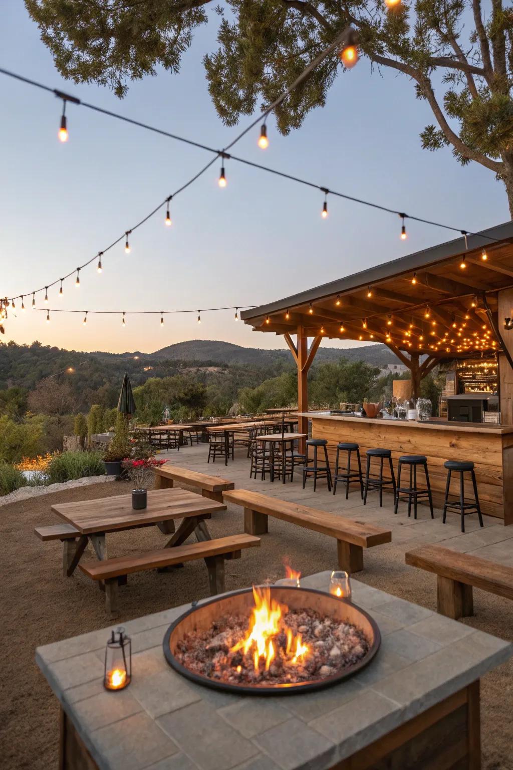 A fire pit adds warmth and charm to the bar area.