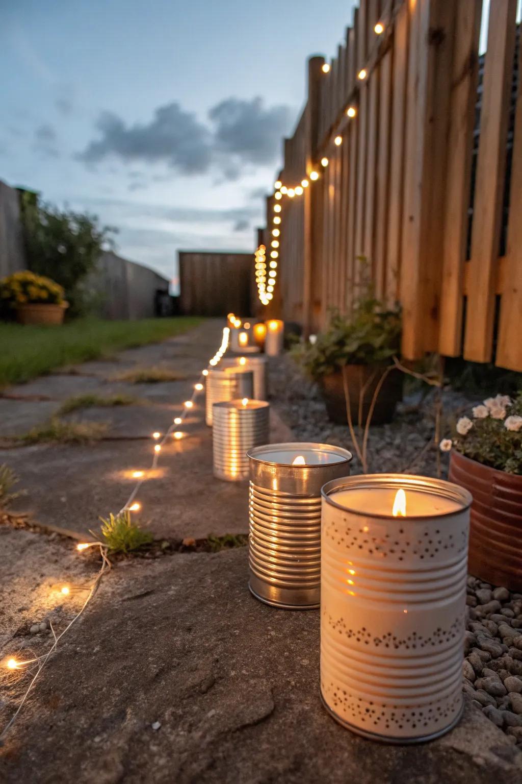 Recycled cans can become unique, eye-catching candle holders.