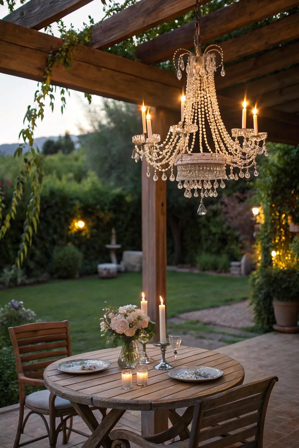 Turn your patio into a romantic retreat with a crystal chandelier.