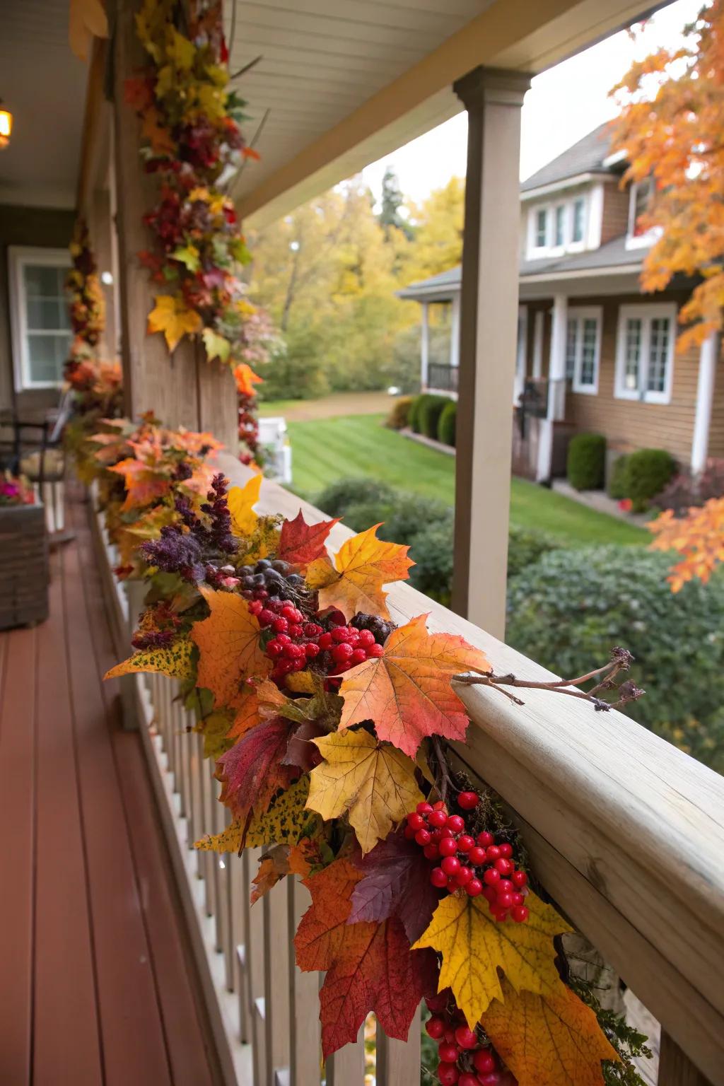 A swag of foliage and berries incorporates a festive element to the veranda.