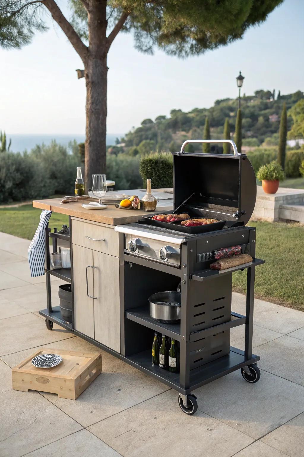 A versatile outdoor kitchen island cart, ready to move wherever needed.