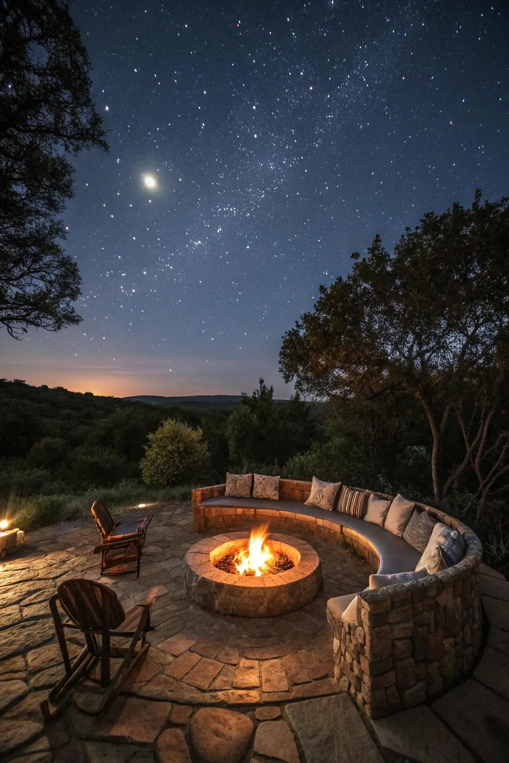 A fire pit adds warmth and a central gathering point for outdoor evenings.