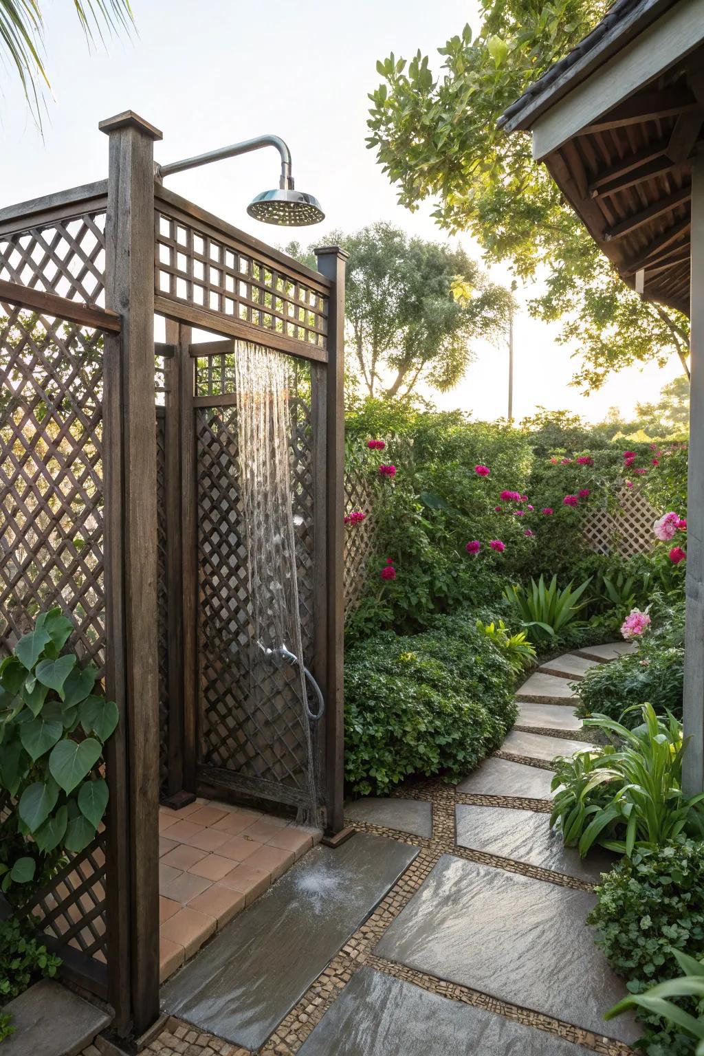 A quaint outdoor shower featuring intricate crisscross boards.