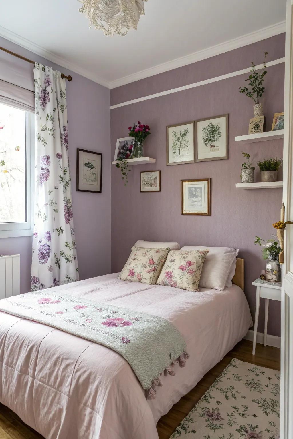 Muted lavenders set up a serene and calming atmosphere within small bedrooms.