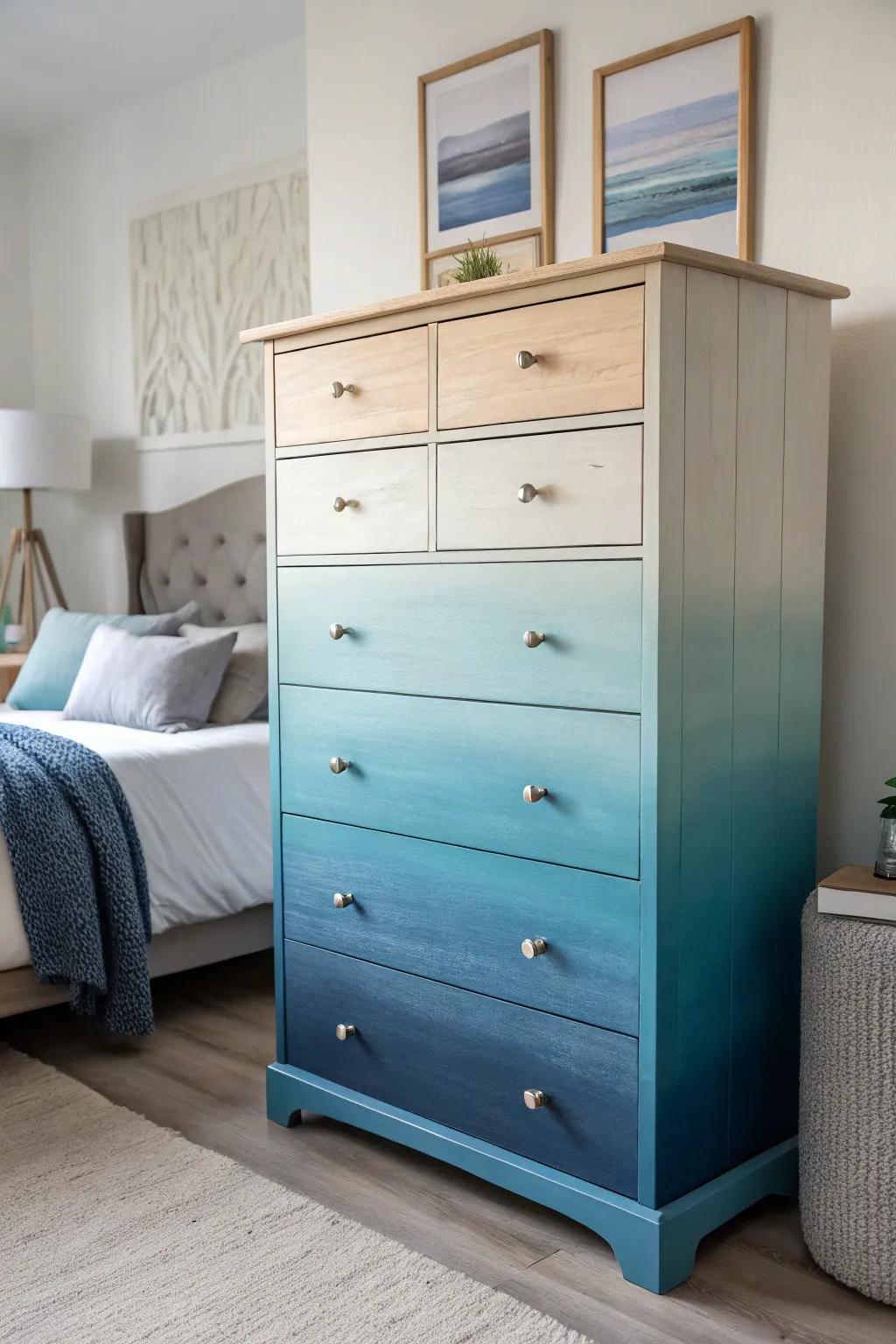 An ombré effect dresser adds visual interest and depth.
