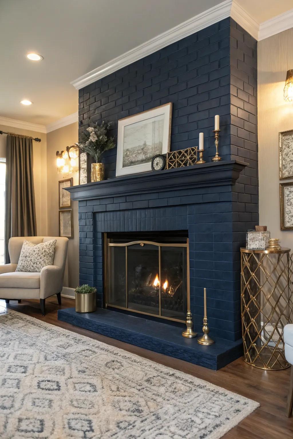 A navy blue-painted fireplace adds depth and sophistication.