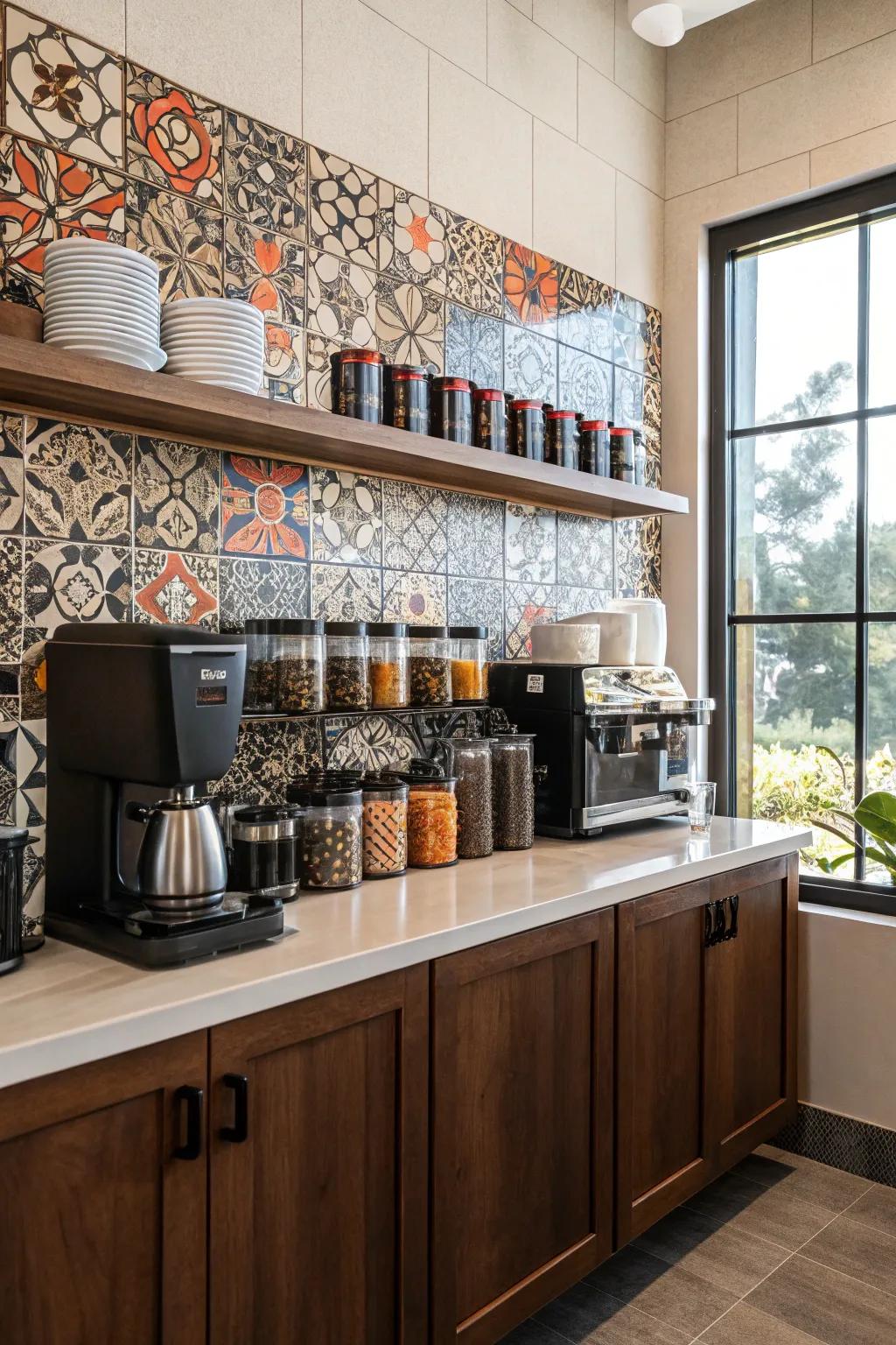 A bold backsplash makes a striking statement in a coffee bar.