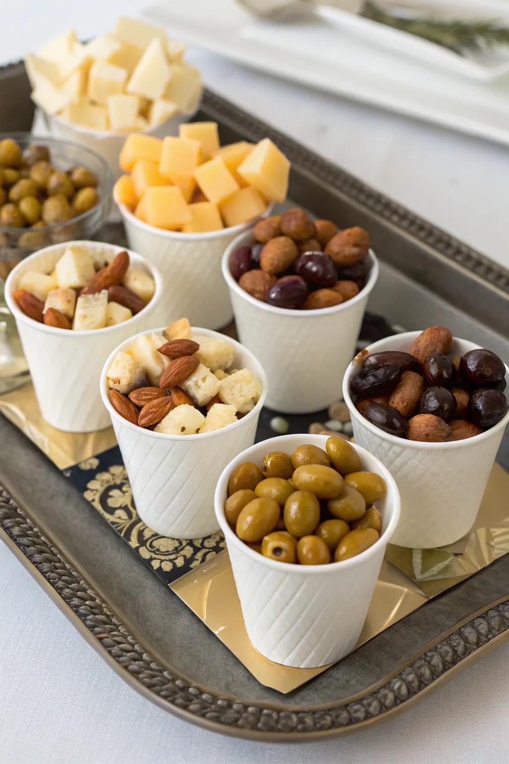 Snack cups for easy mingling and munching.