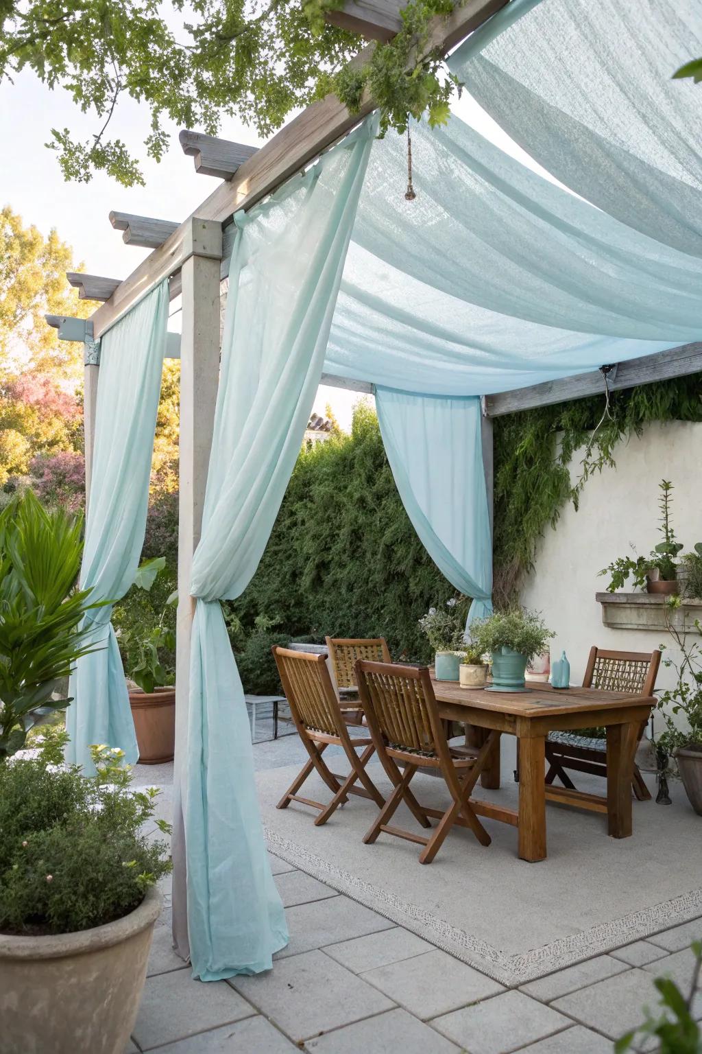 A DIY fabric canopy offering shade on a patio.