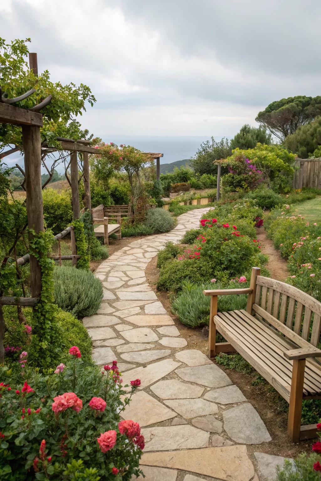 Natural materials blend seamlessly into the garden landscape.