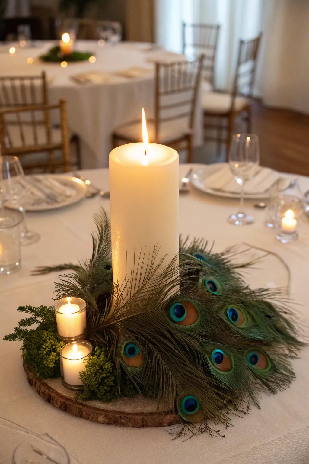 A snug centerpiece highlighting avian plumage and wax light.