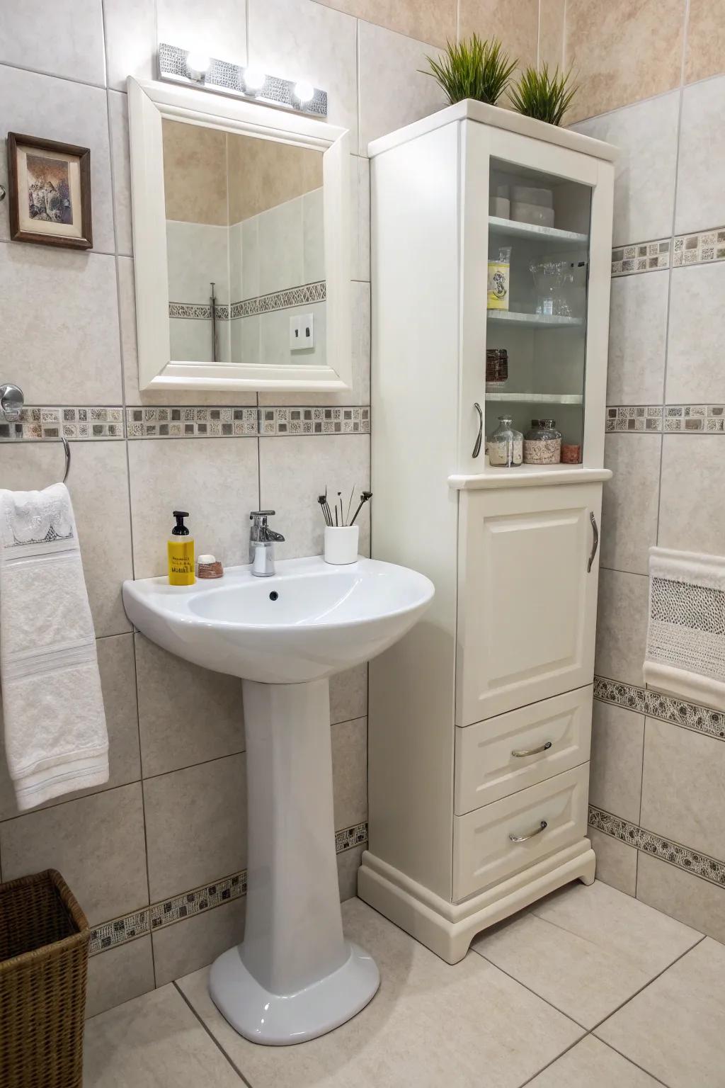 Wall-mounted cabinets providing neat storage.