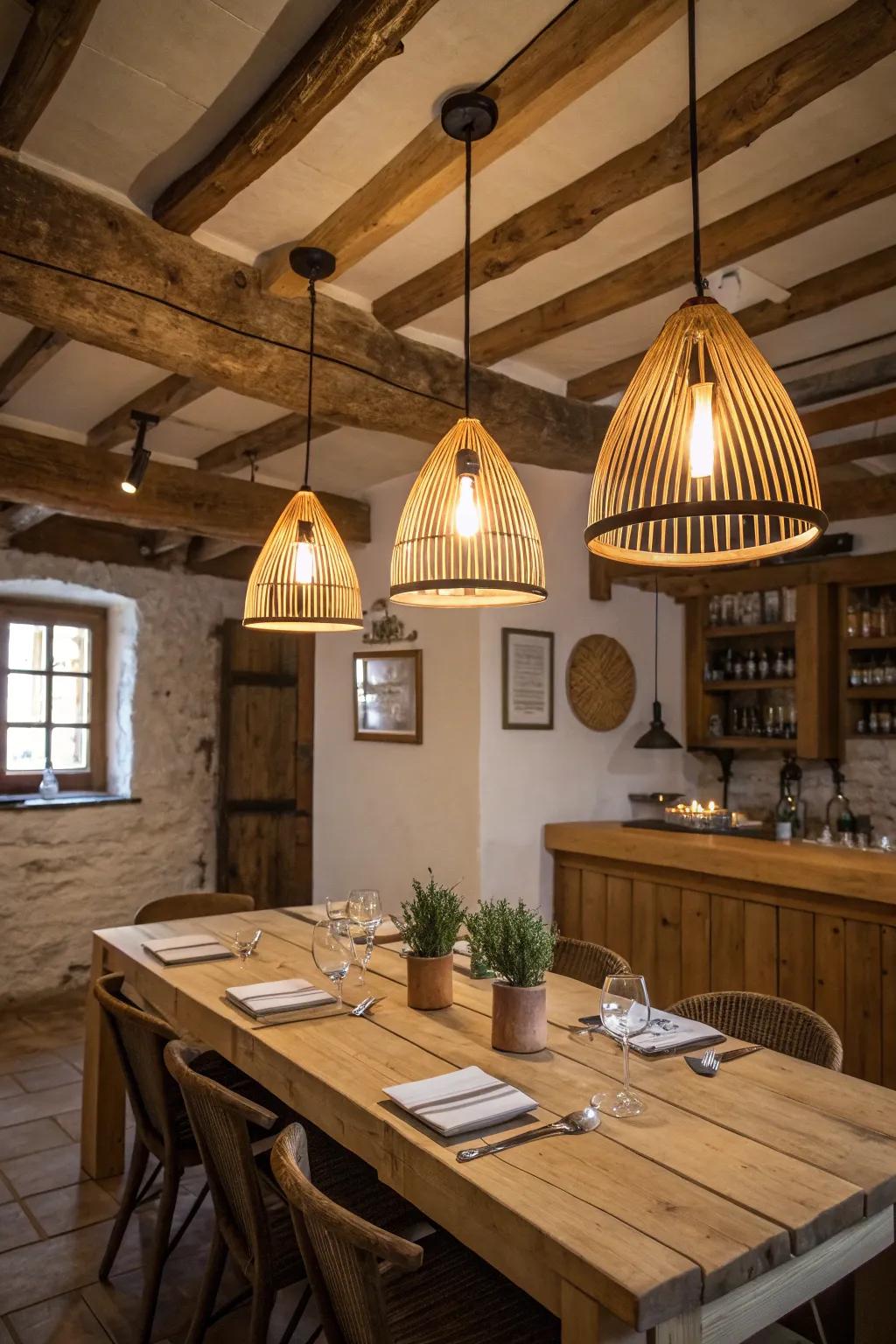 Rustic pendants enhance a snug, farmhouse aesthetic.