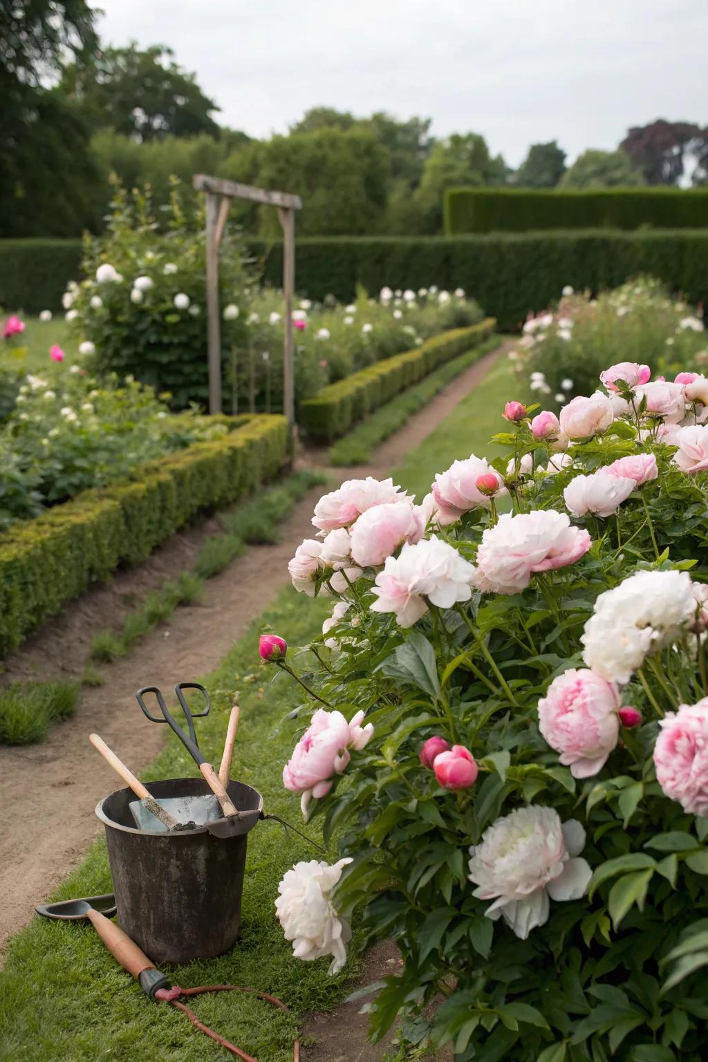 A peony cutting space yields fresh indoor blossoms.