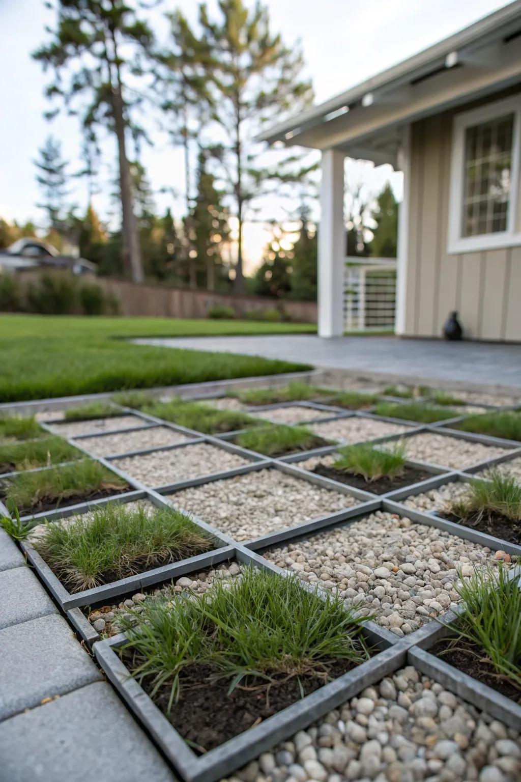 Plastic grids filled with gravel and grass offer stability and permeability.