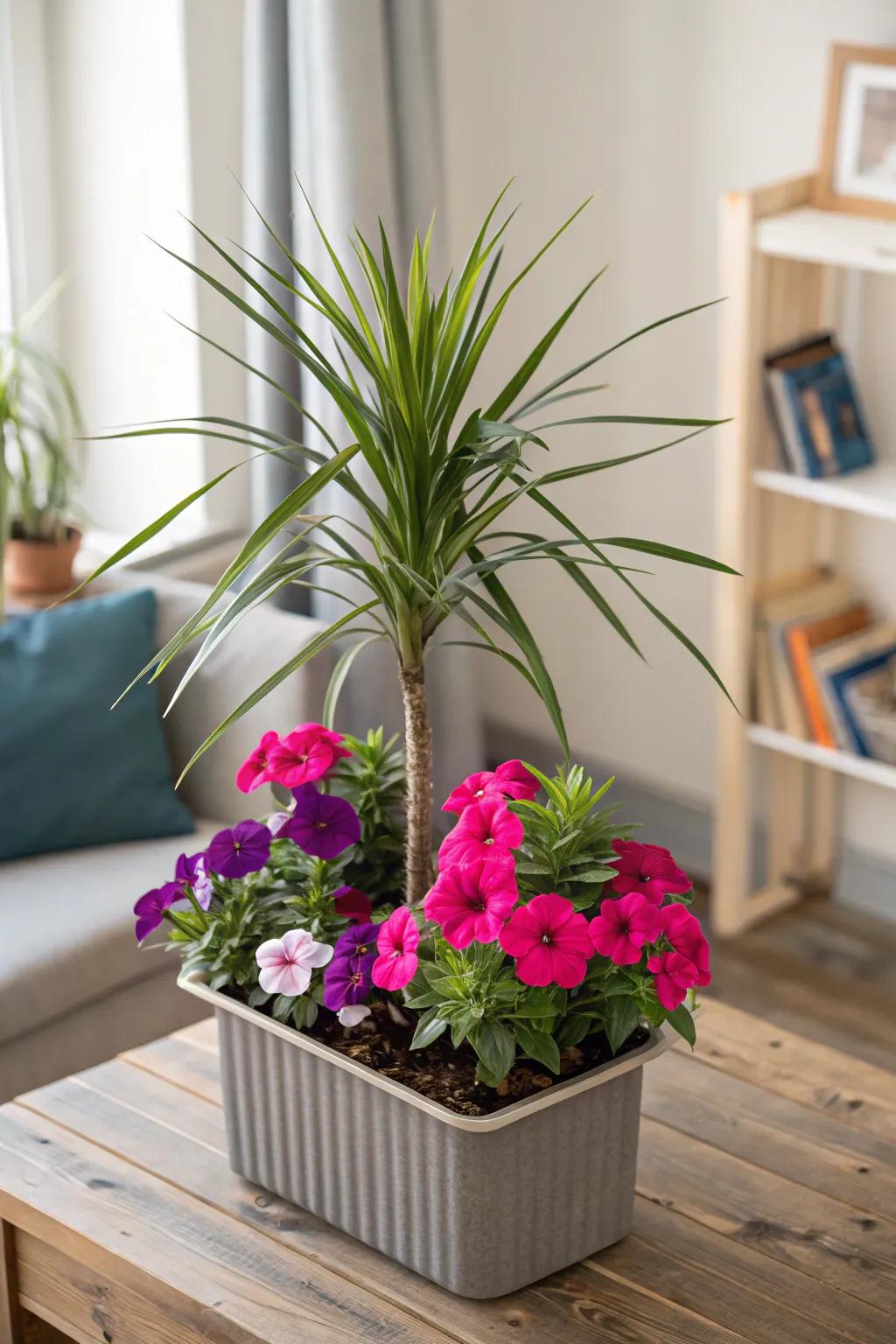 Dramatic height is added to petunia arrangements with Dracaena Spike.