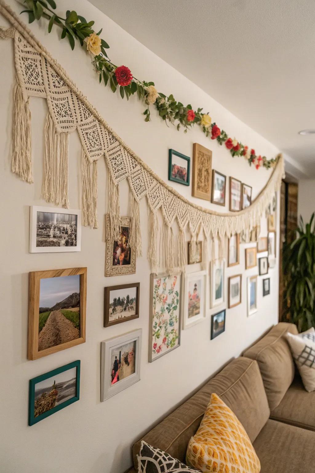 A photo wall with macrame and fabric garlands, delivering an inviting boho-chic aesthetic.