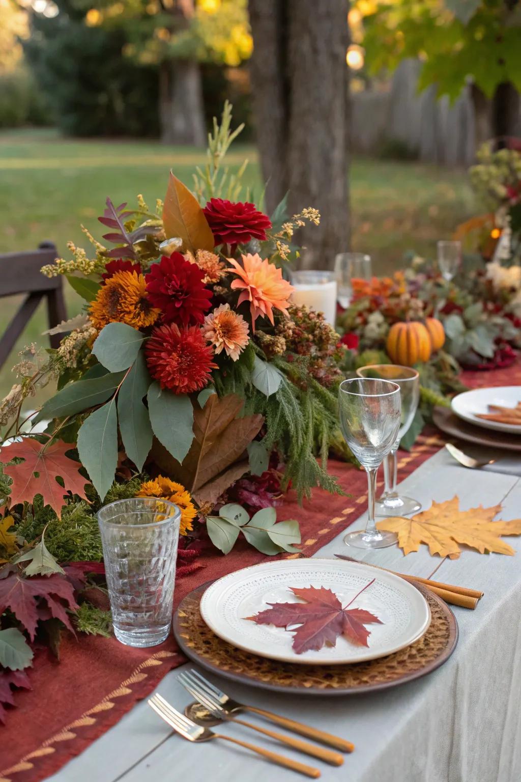 A seasonal tablescape with natural elements like leaves and flowers.