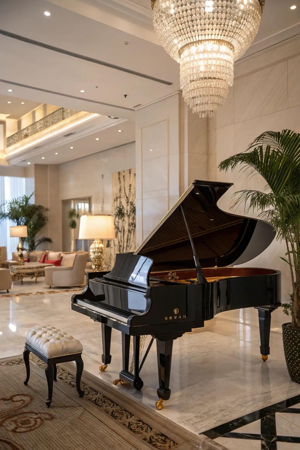 The piano dominates as the room's focal point.