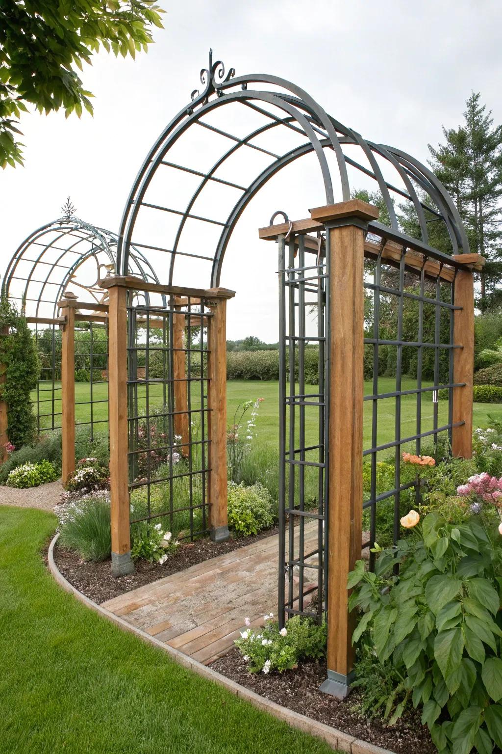 A blend of steel and timber creates a striking arbor design.