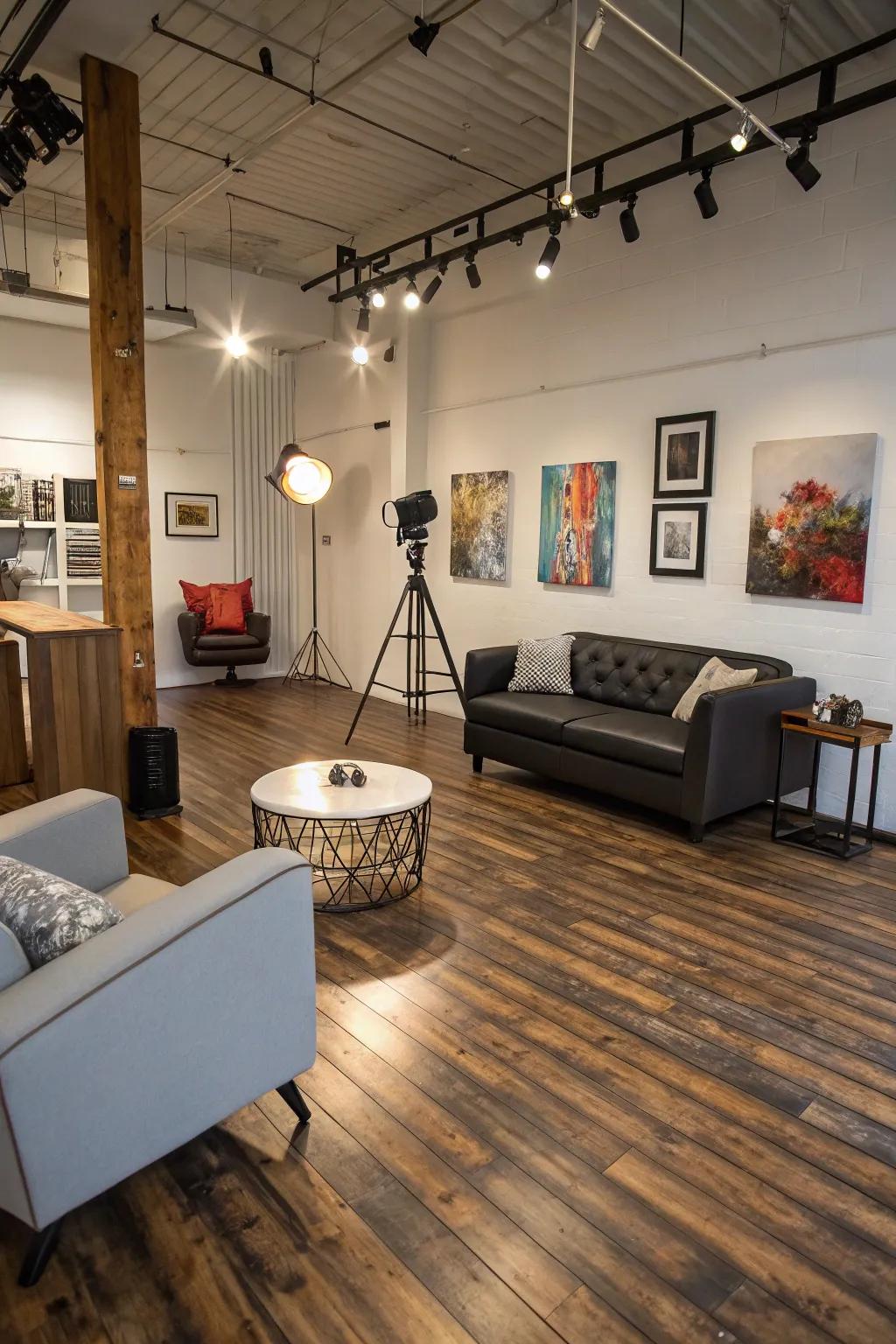Coated floors mimic natural wood for a warm and inviting look.