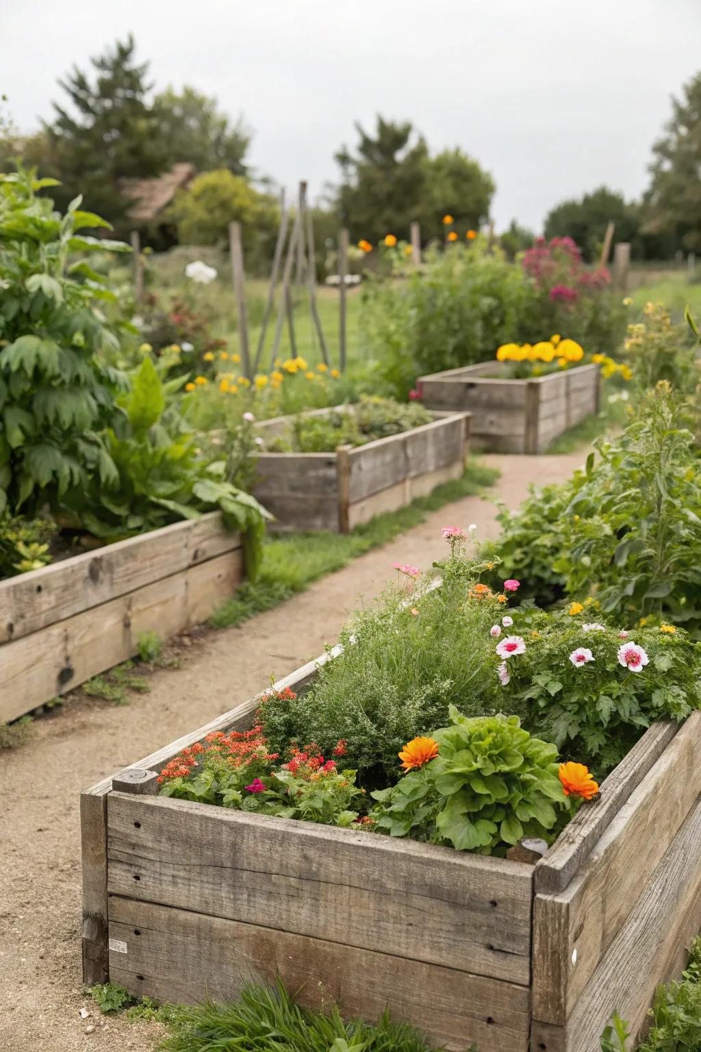 Go green with charming raised flower beds made from reclaimed wood.
