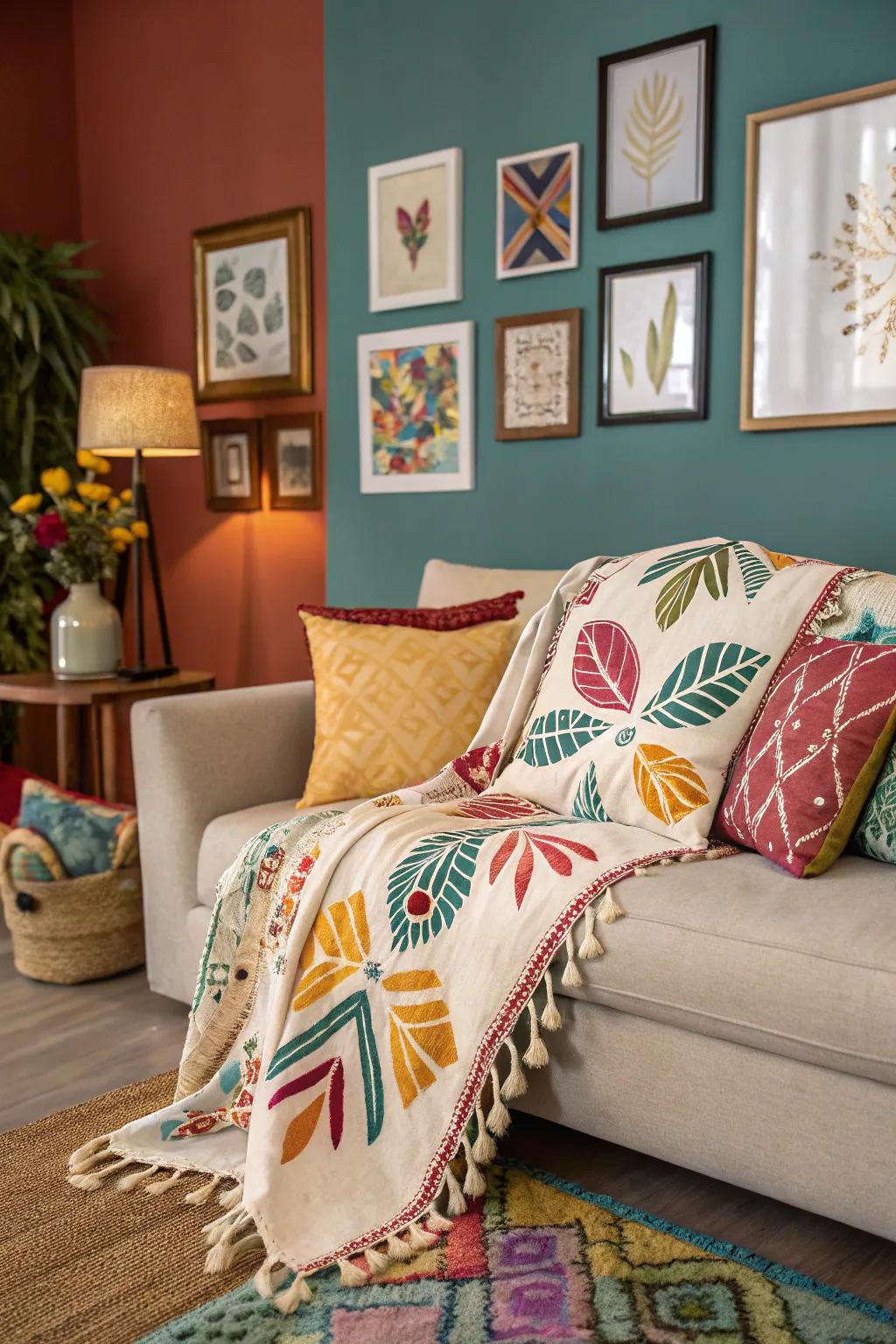 A creative layout of a wrap on a sofa, producing a distinctive visual appeal.