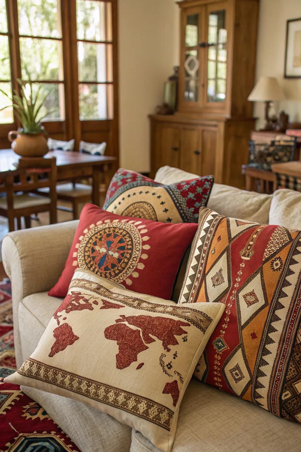 Culturally inspired cushions adding global flair.