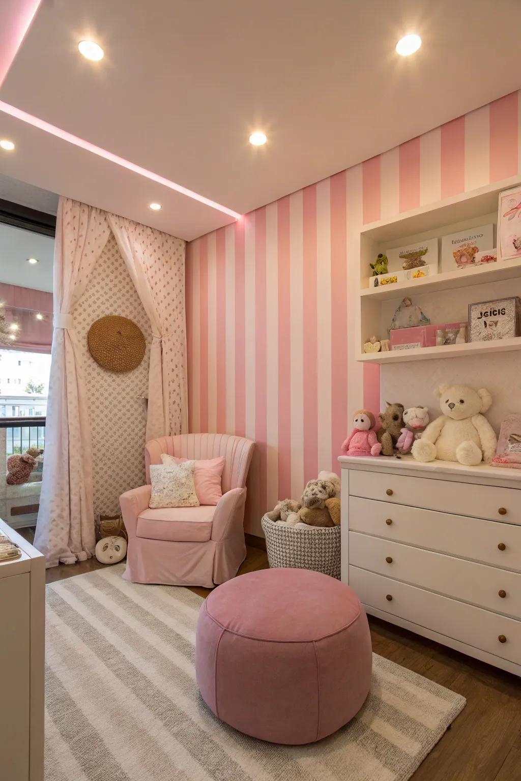 A nursery with chic rose bands that add a playful rhythm.