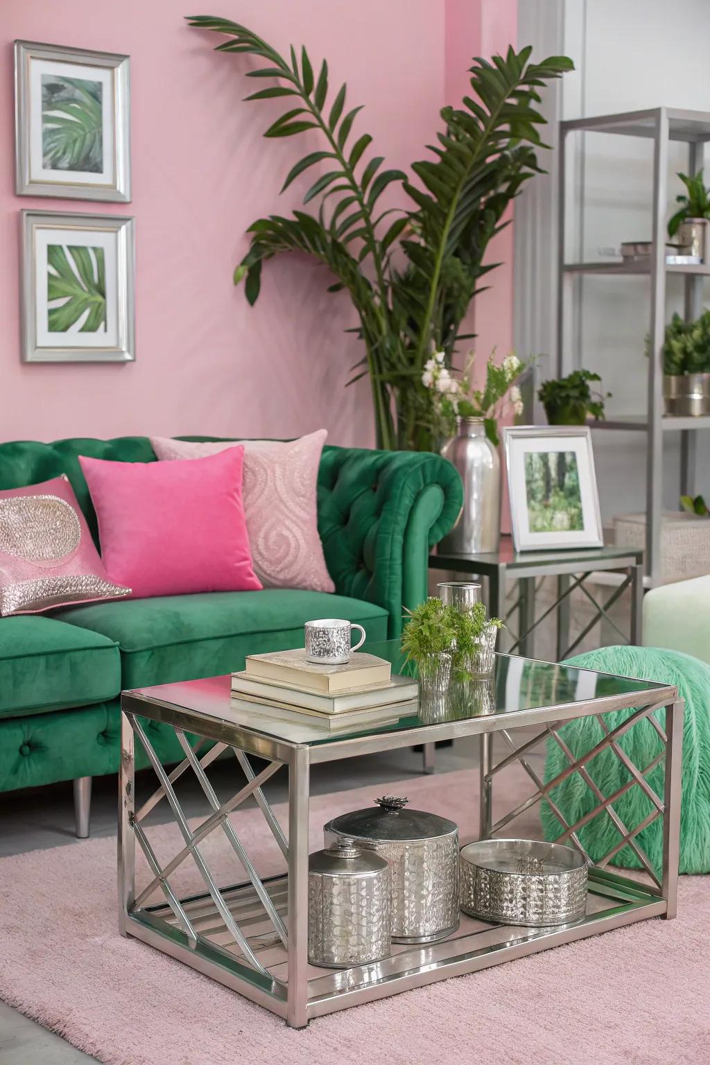 Mixed metallics with pink and green create a modern vibe.