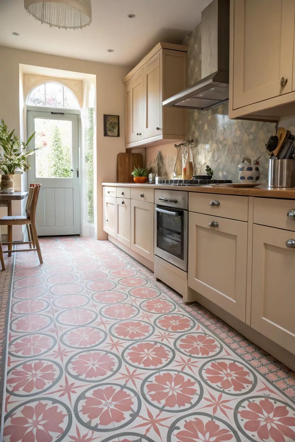 Patterned flooring joining together rose and grey shades.