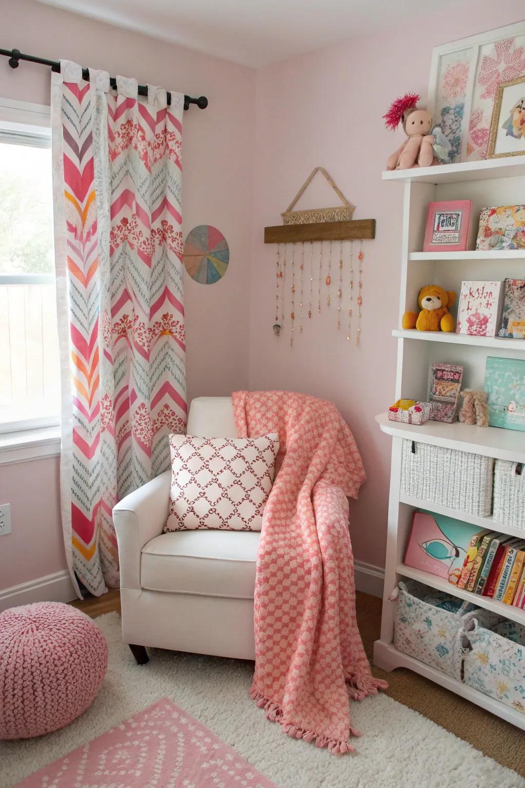 An eclectic mix of patterns adds visual intrigue to the nursery.