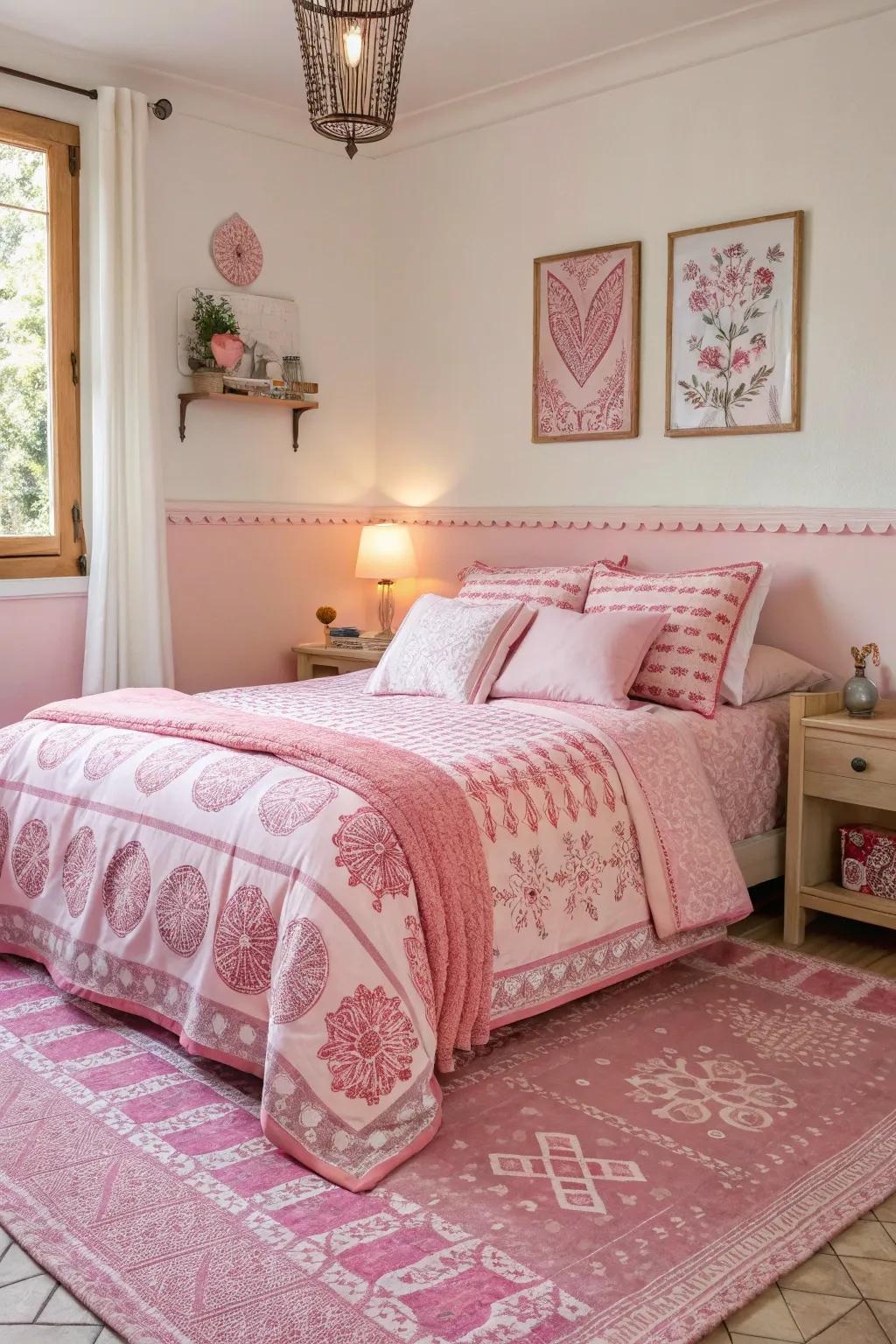 A mix of rose patterned textiles adds dynamic interest to this bedroom.