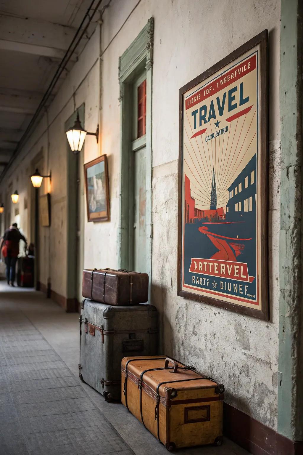 A classic-style travel print creating nostalgia in a hallway.
