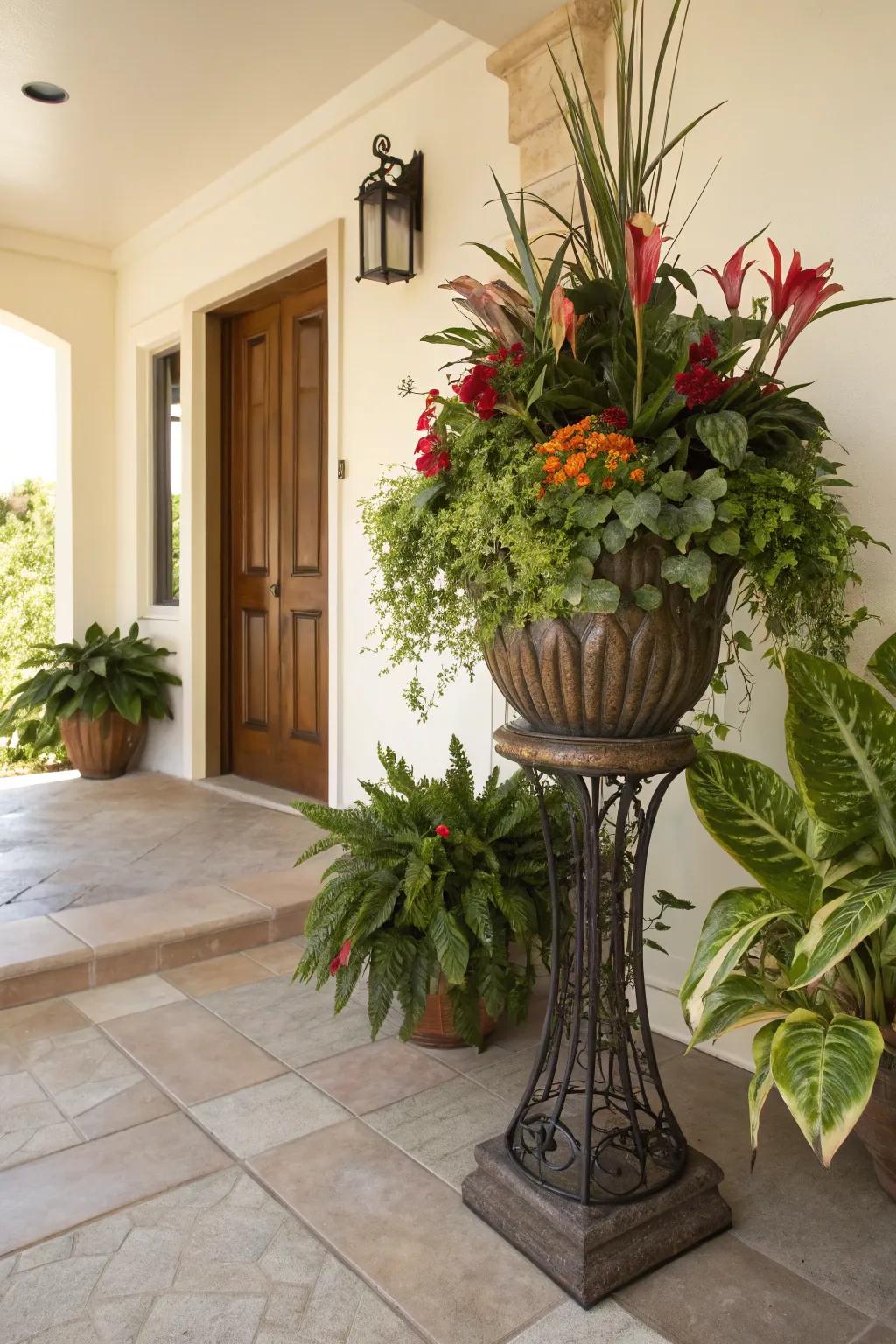 Make a statement using oversized plant stands.