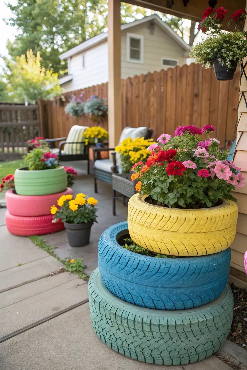 Get playful with reused car tire planters.