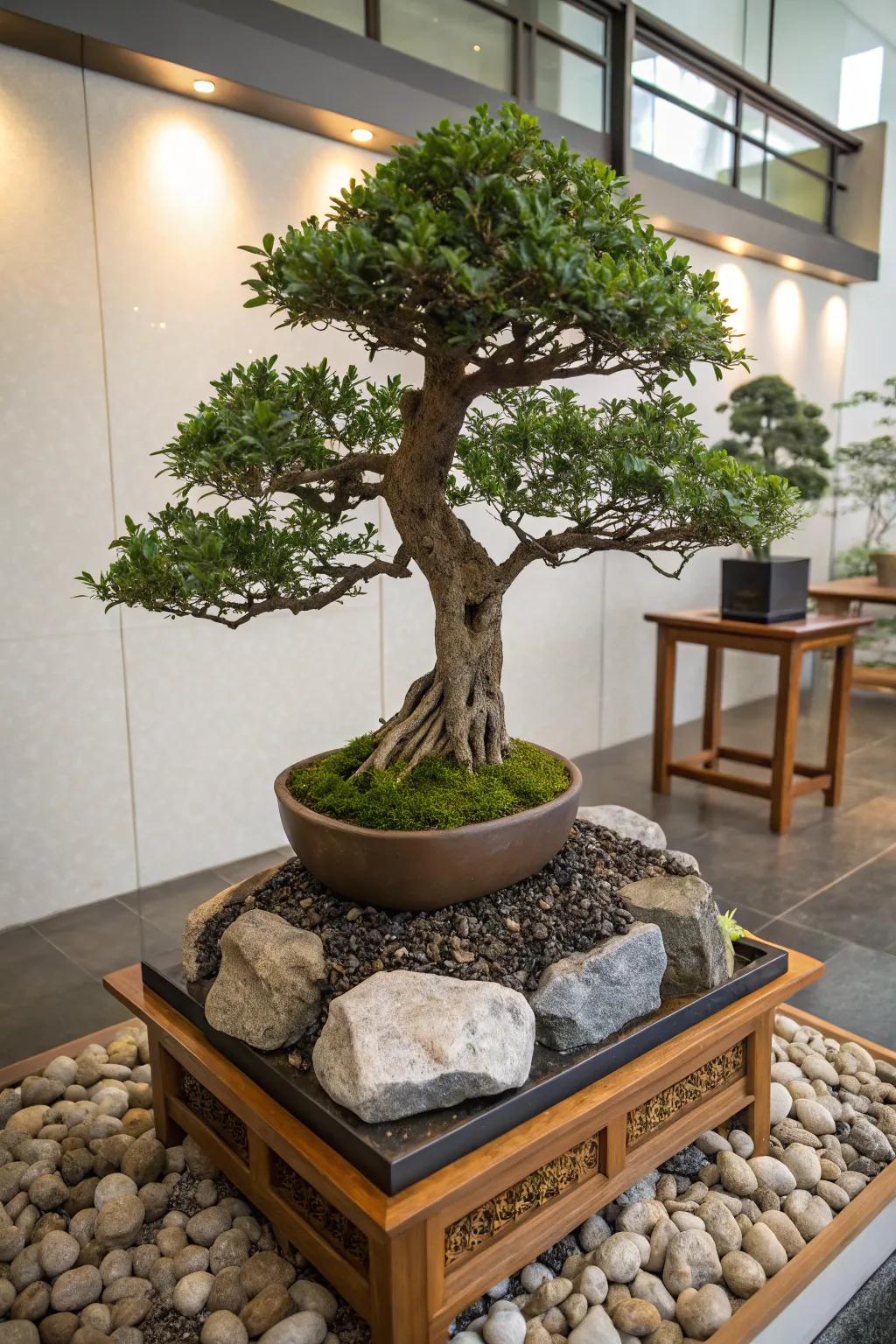 A serene bonsai tree, a timeless piece of living art for mom.