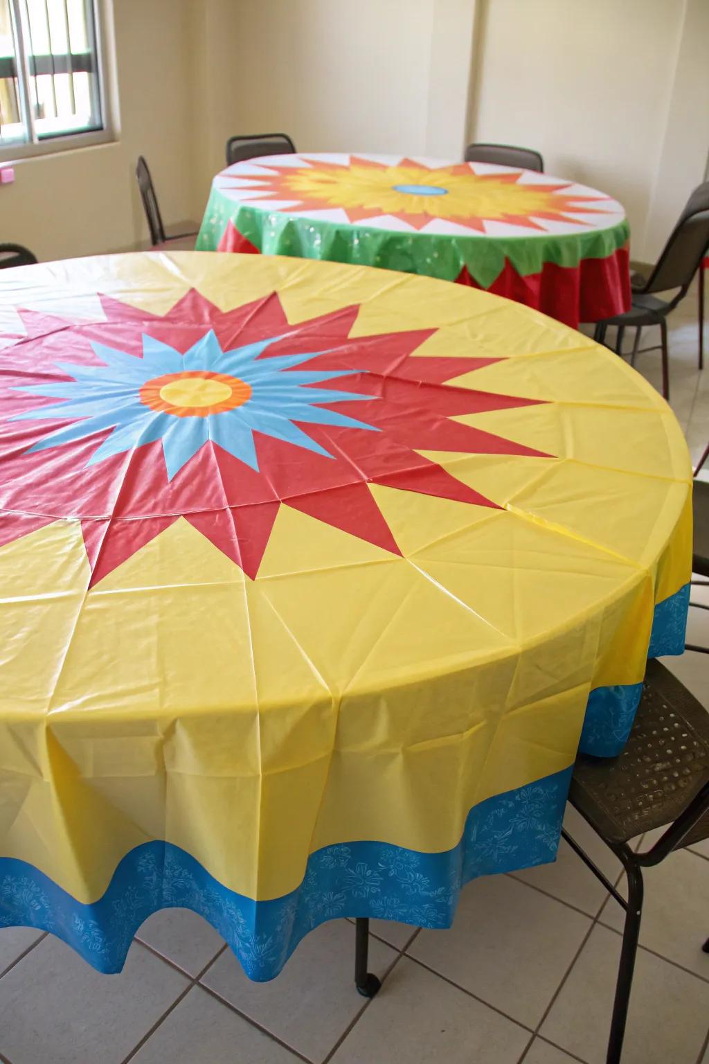 Produce an arresting table display using sunburst cloths.