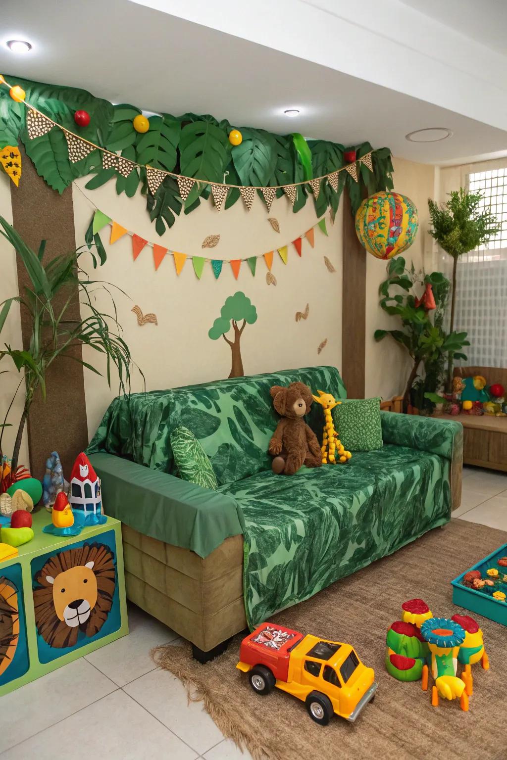 A customized playroom featuring a jungle-themed couch.