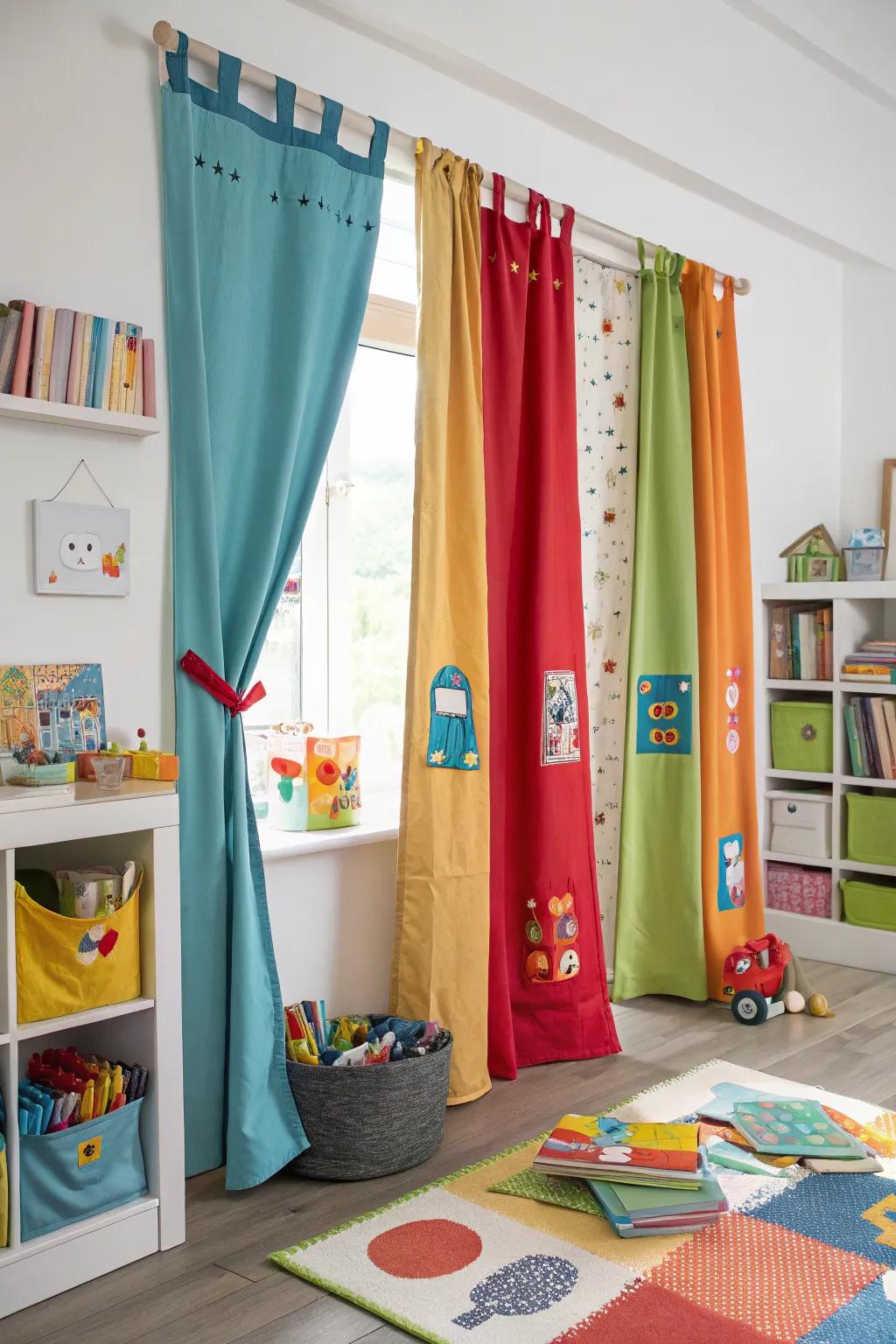 Interactive curtains are also playful elements in the playroom.