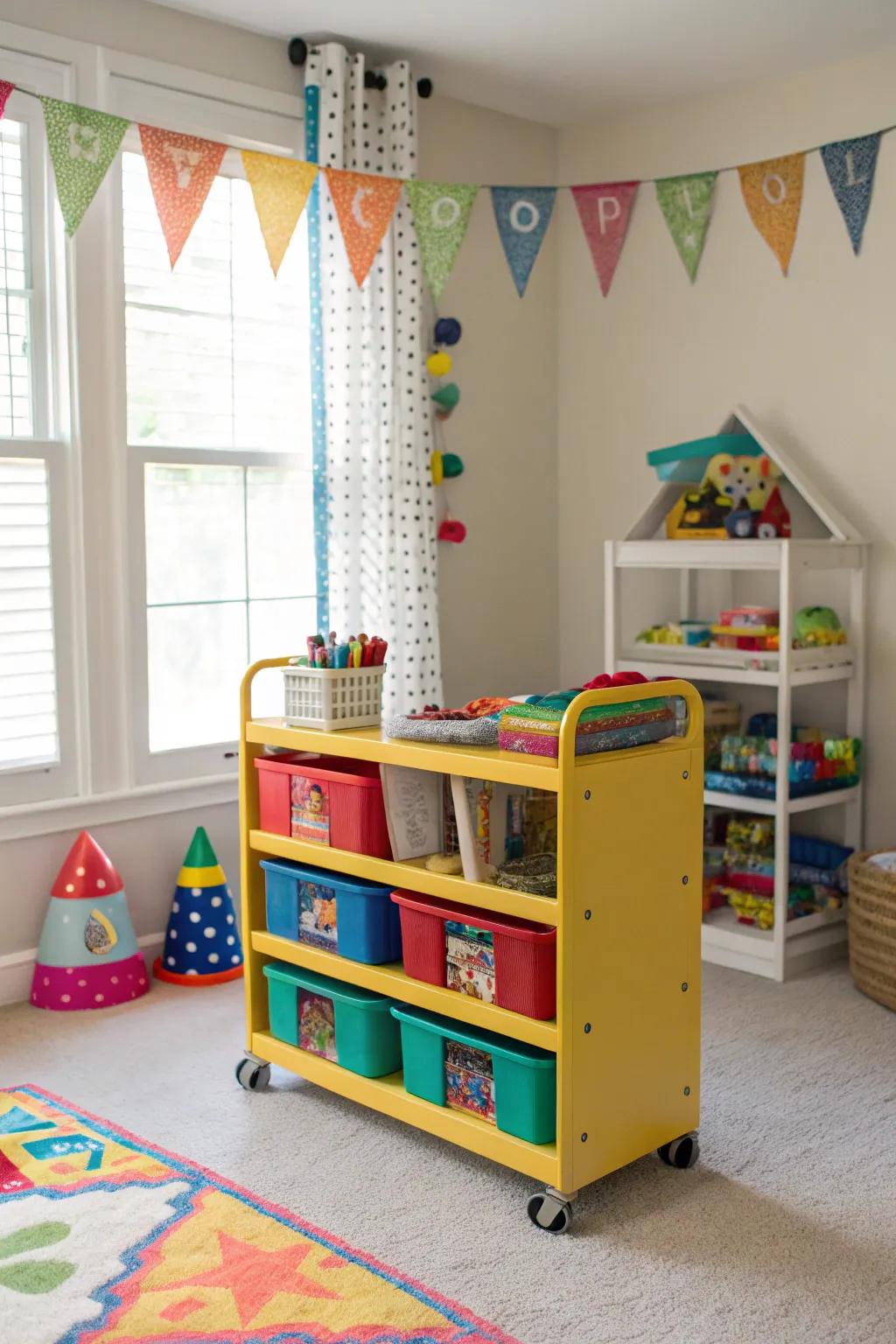 A playroom featuring a vibrant rolling storage cart that is perfect for flexible storage requirements.