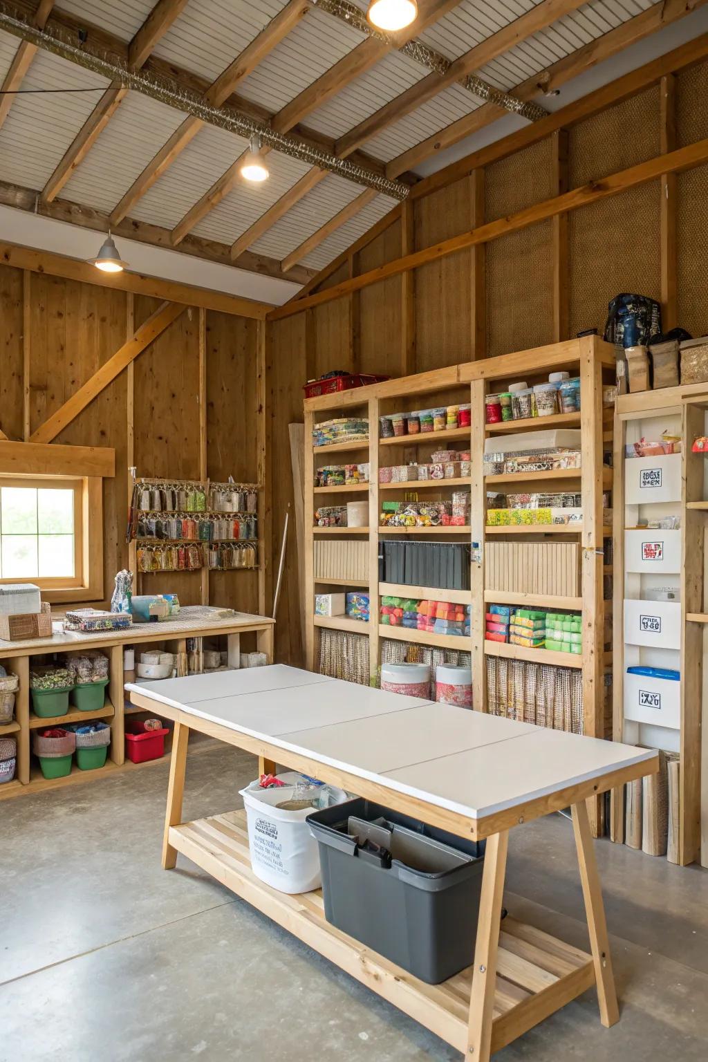 A craft corner in a pole barn with ample storage and work space.