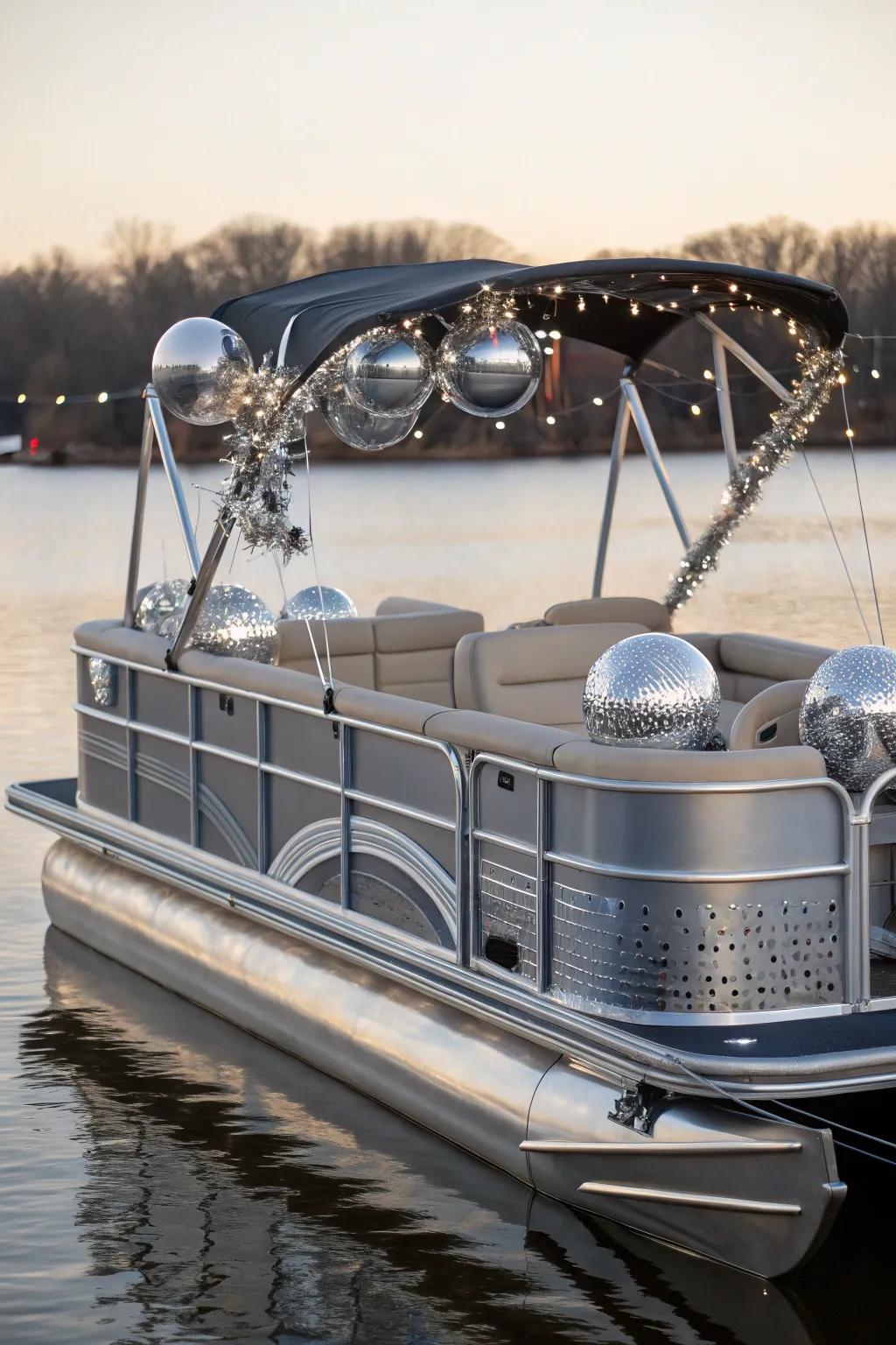 A pontoon boat designed with a futuristic theme, featuring metallic accents and sleek styling.