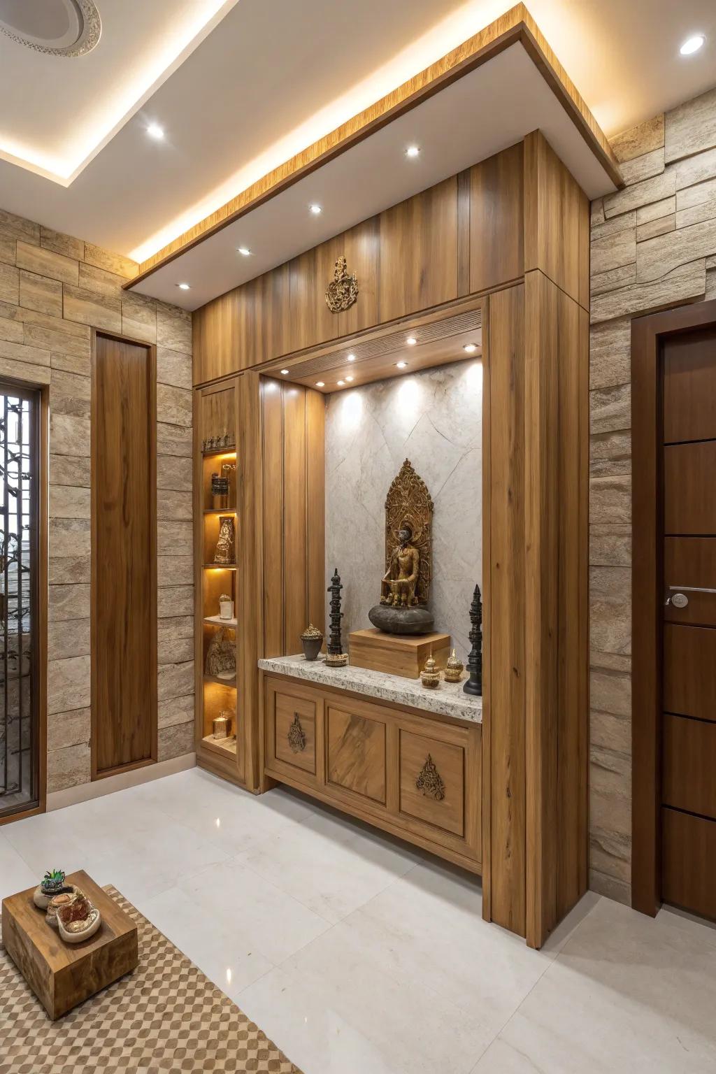 Natural materials like wood and stone enhance this eco-friendly pooja room.