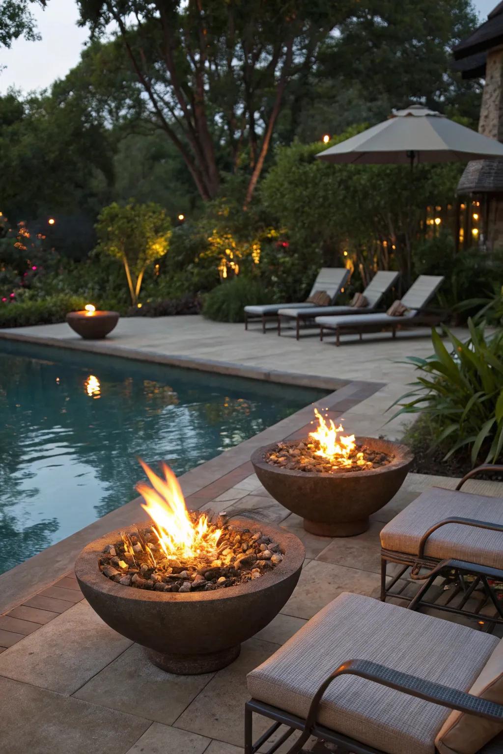 Fire bowls add warmth and a bit of drama to your poolside.