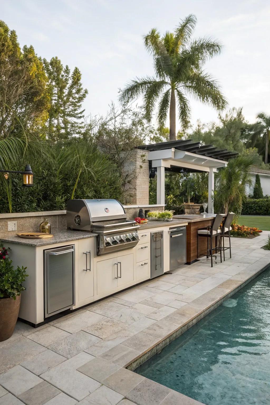 Elevate your pool parties with a convenient exterior cooking zone.