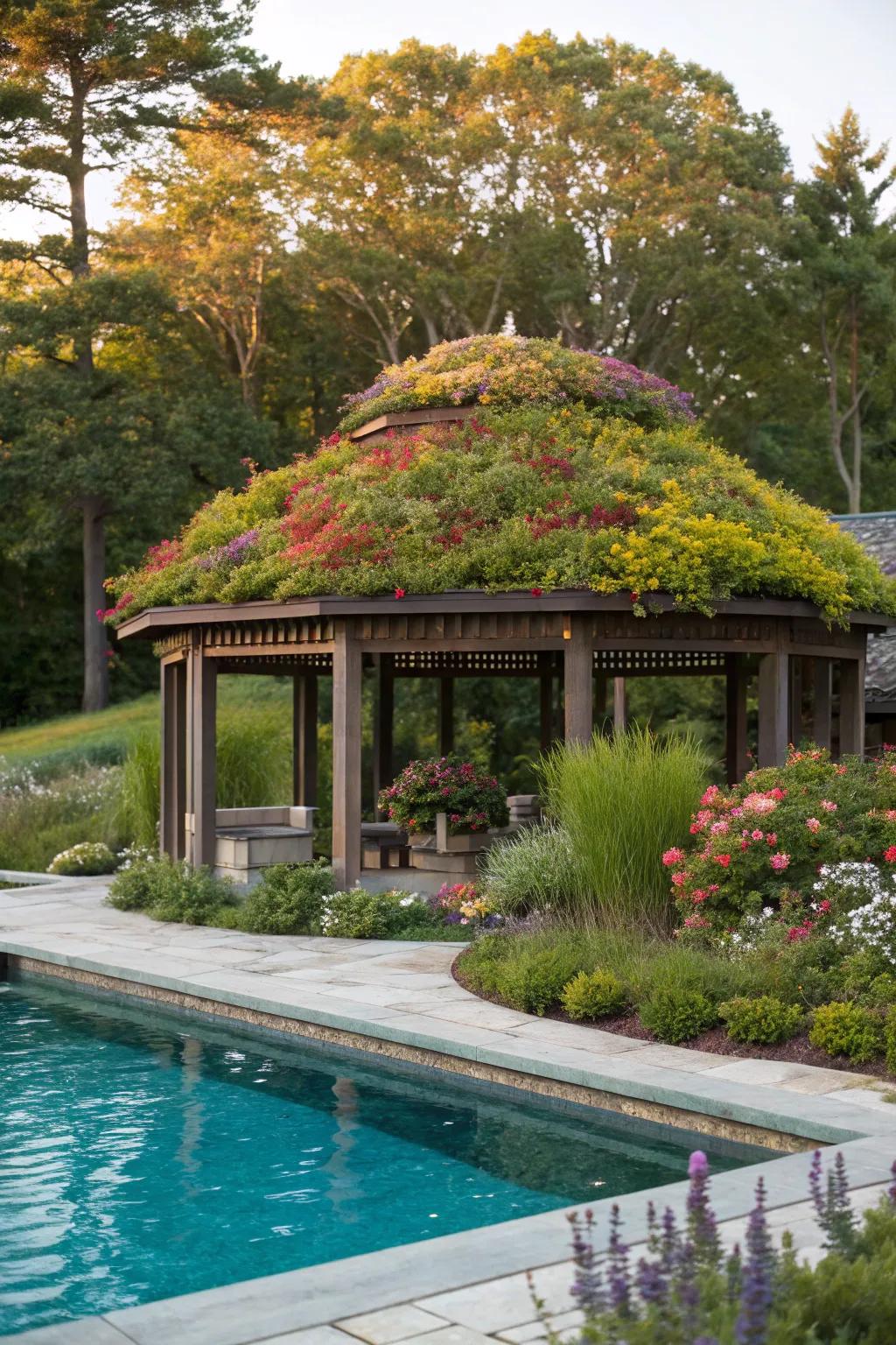 An eco-friendly planted roof adds a unique natural element to your pool pavilion.